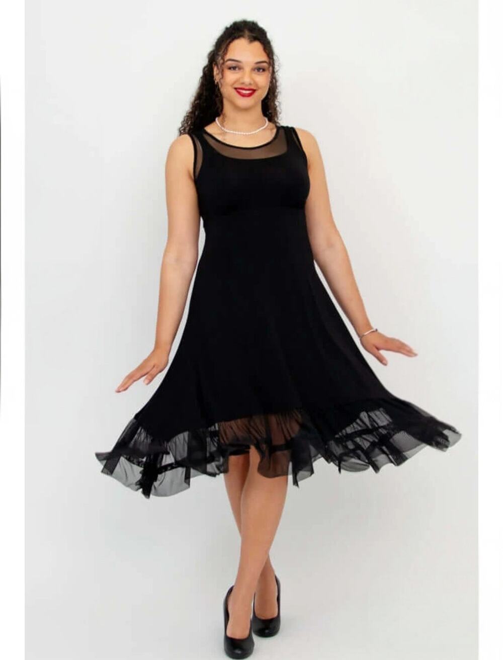 Blue Sky Clothing Black Bamboo Danube Dress Sheer Mesh Ruffle Trim Large L